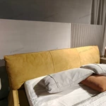 Warm Yellow Suede Upholstered Bed with Minimalist Half-Slat Back Panel & Skirted Base